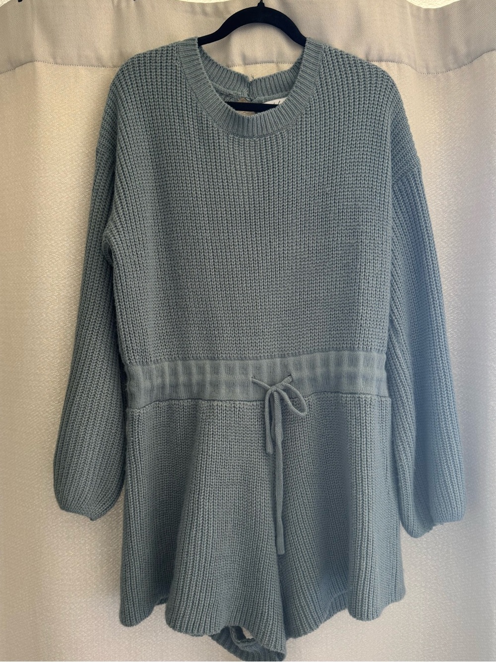 Petal & Pup Cozy Knit Drawstring Sweater Romper- Dusty Blue